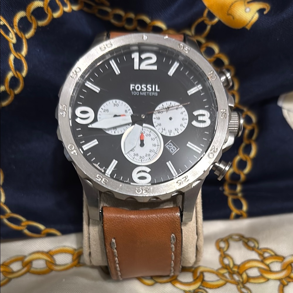 Fossil Chronograph Watch with Brown Leather and Silver Case